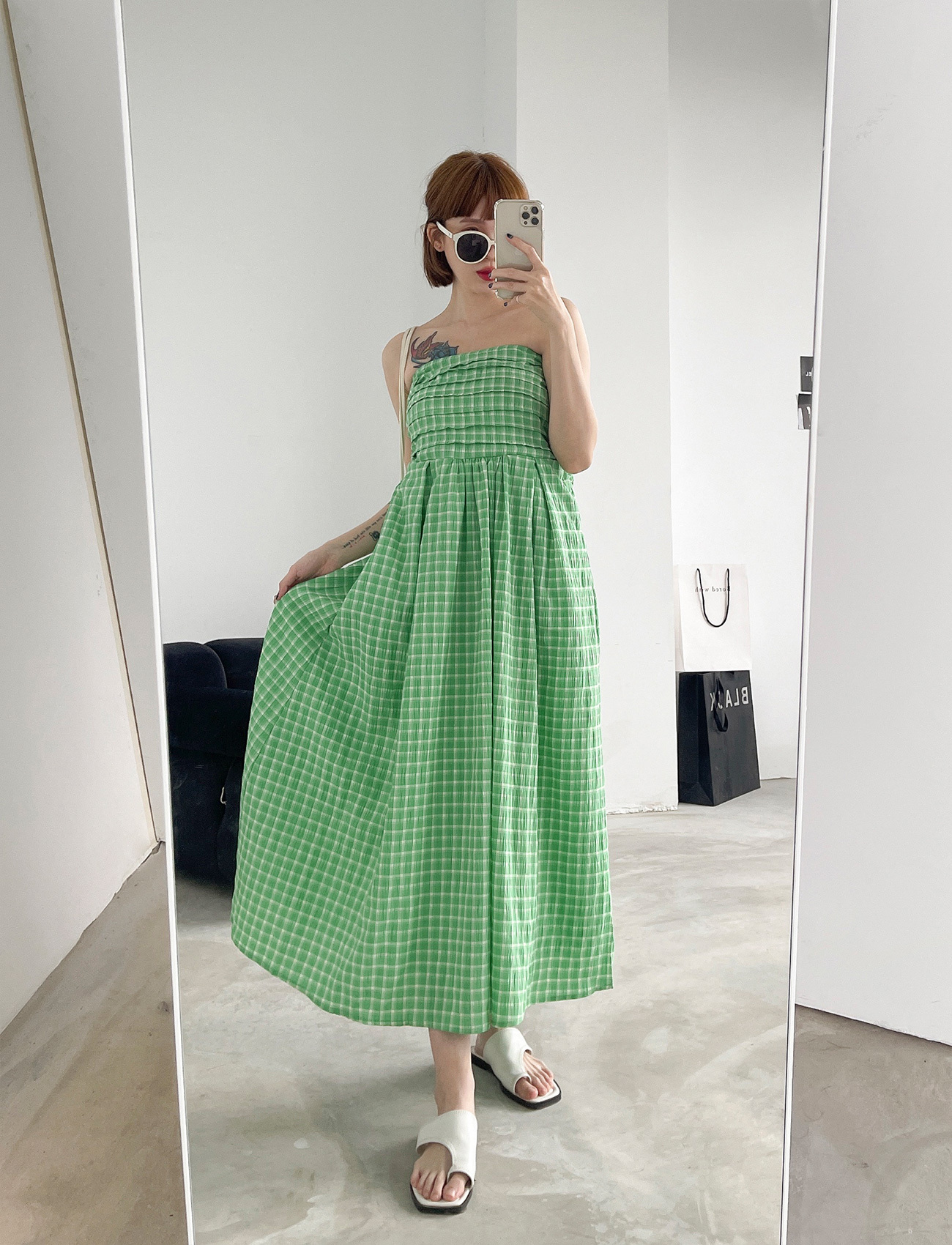 綁帶格紋連身洋