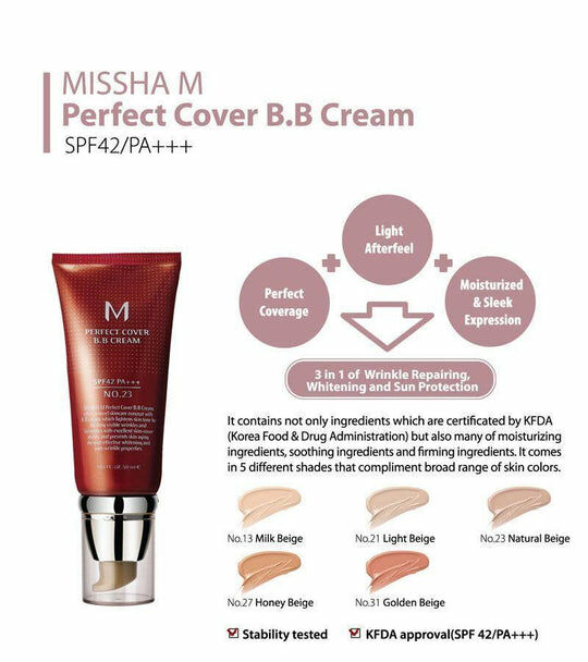 Missha M Perfect Cover BB Cream SPF42 PA+++ 50ml #23 Natural Beige  8806333353736