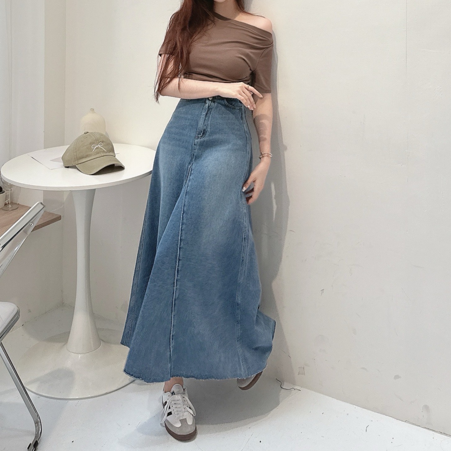 復古水洗傘狀牛仔長裙/單一色