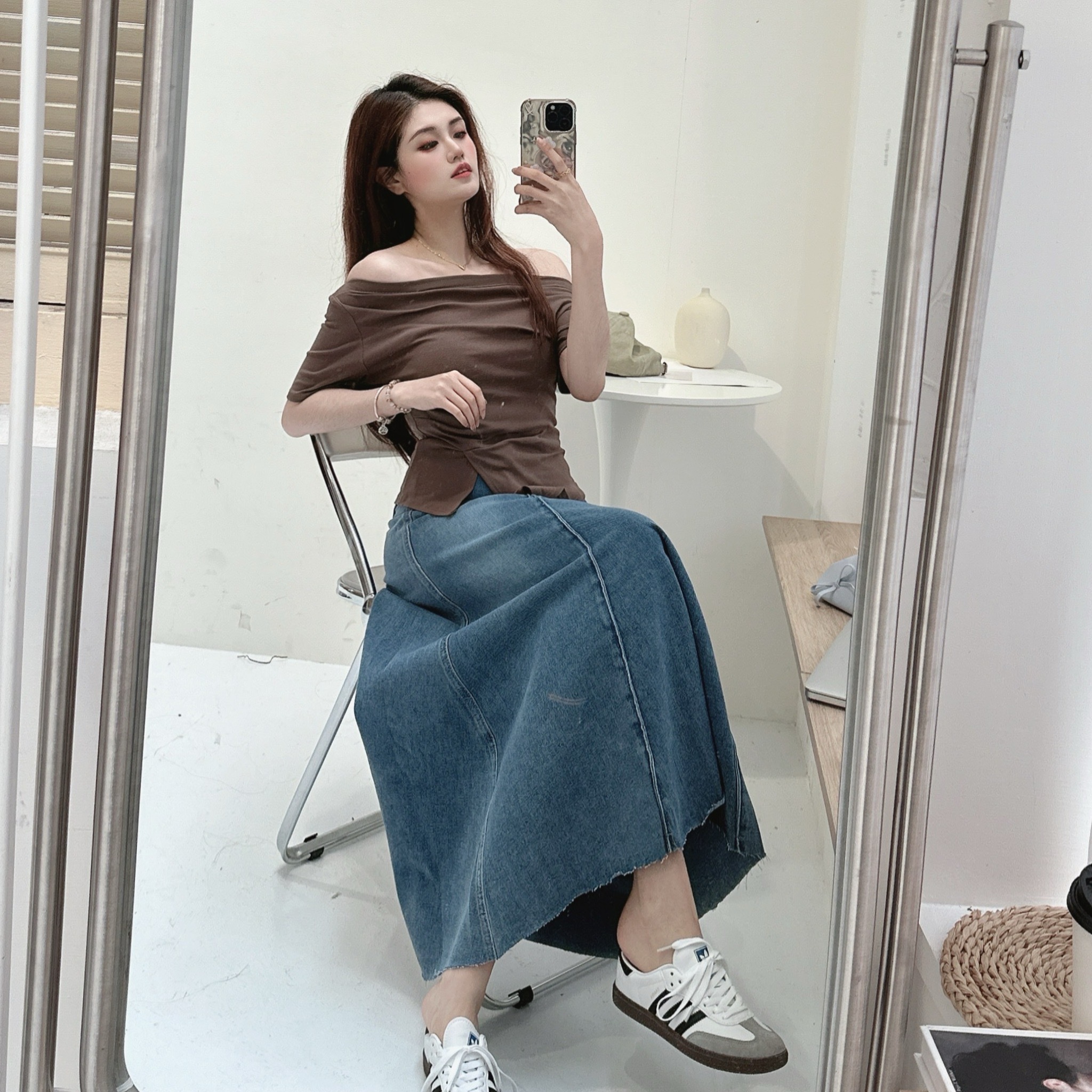 復古水洗傘狀牛仔長裙/單一色