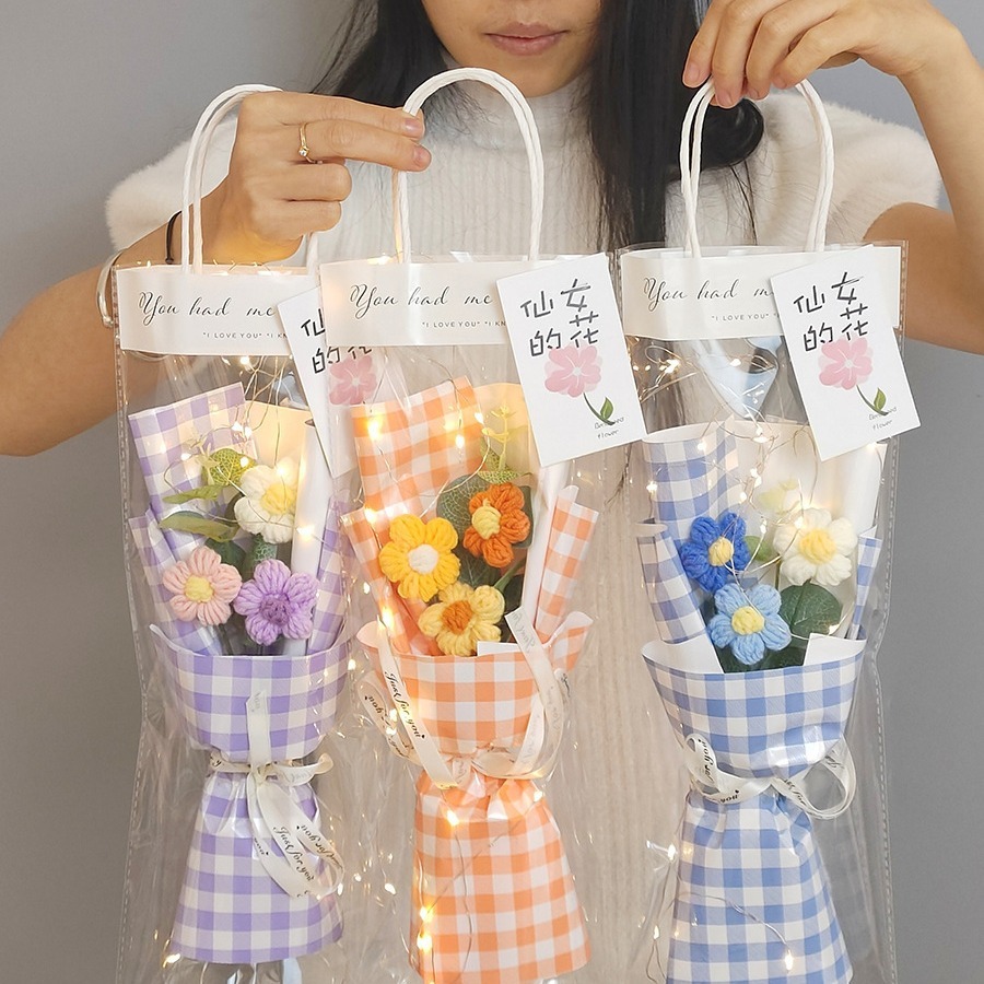 《3985》針織泡芙小花 送禮花束(附燈條/禮袋)