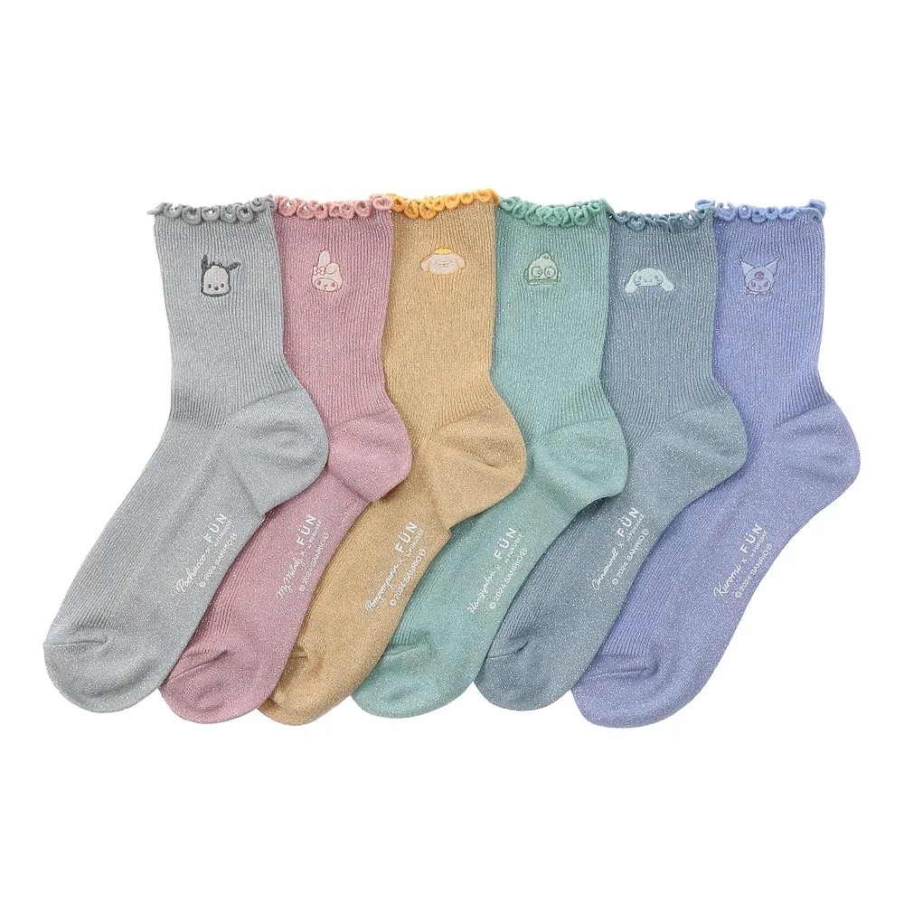 fukuske FUN x  Sanrio 日本限定 庫洛米 美樂蒂 6色 刺繡 捲邊 小腿襪 襪子
