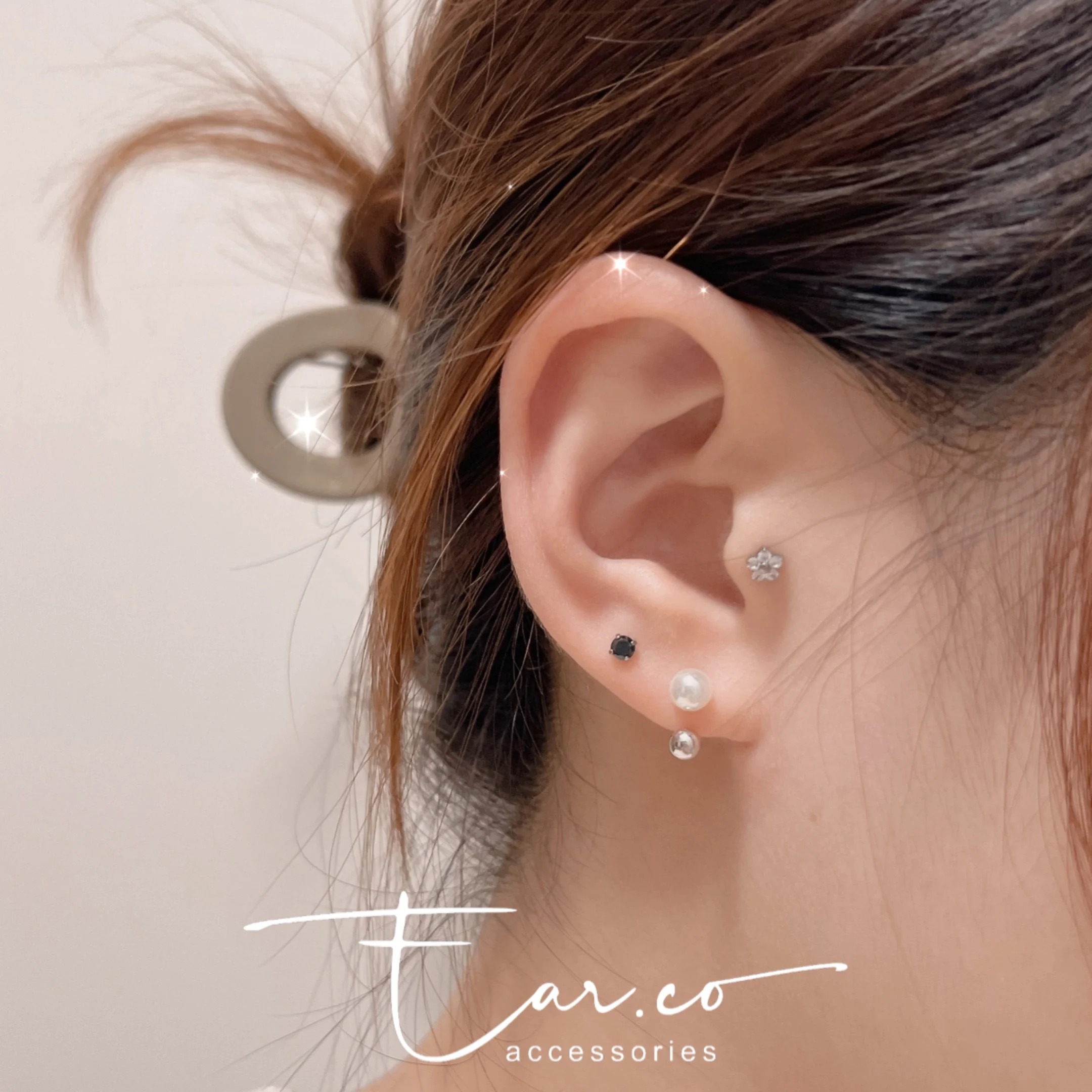 珍珠拼圓珠U-Turn純銀波波頭耳環 [一對]