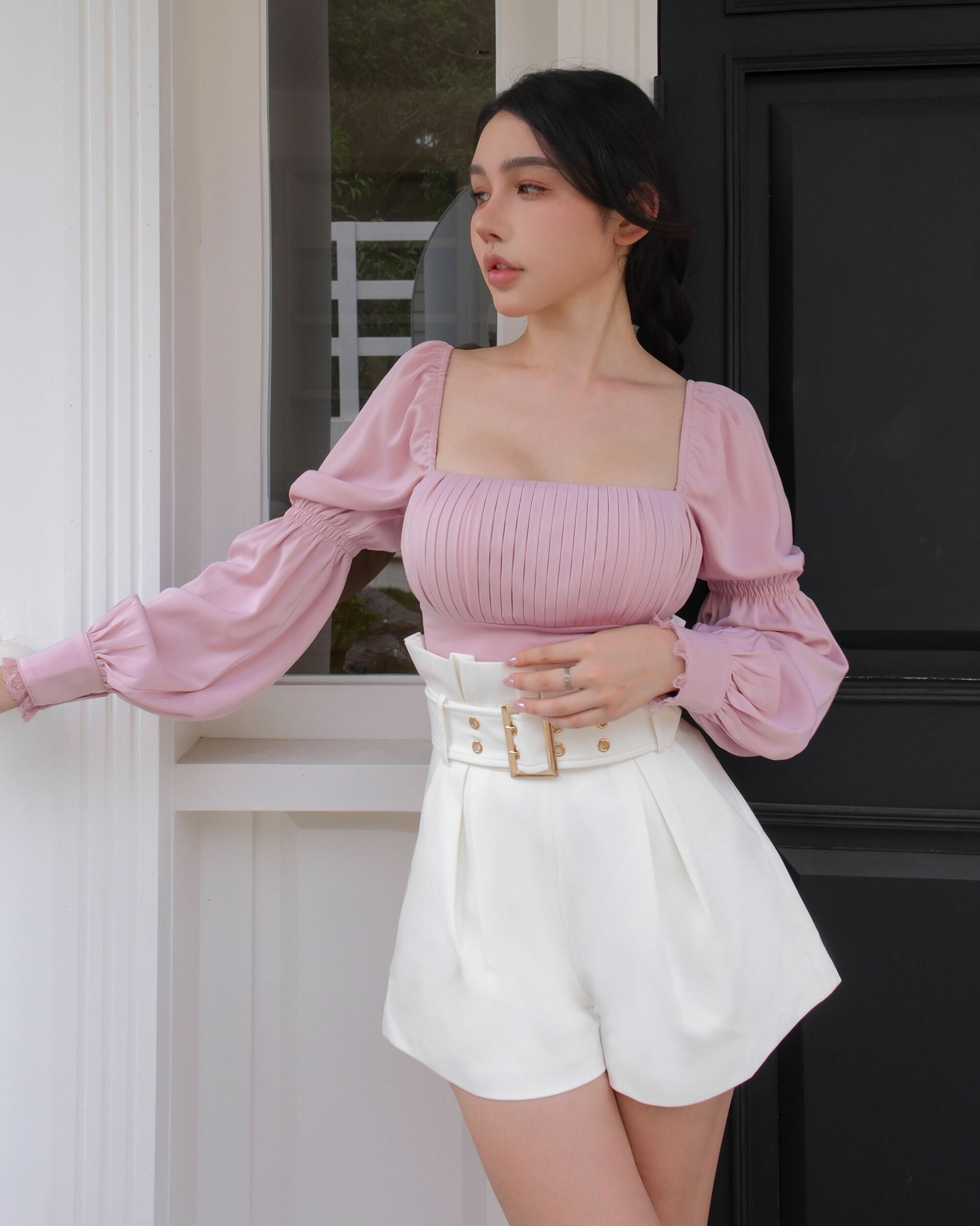 ⭒訂製-古典方領壓褶緞面上衣