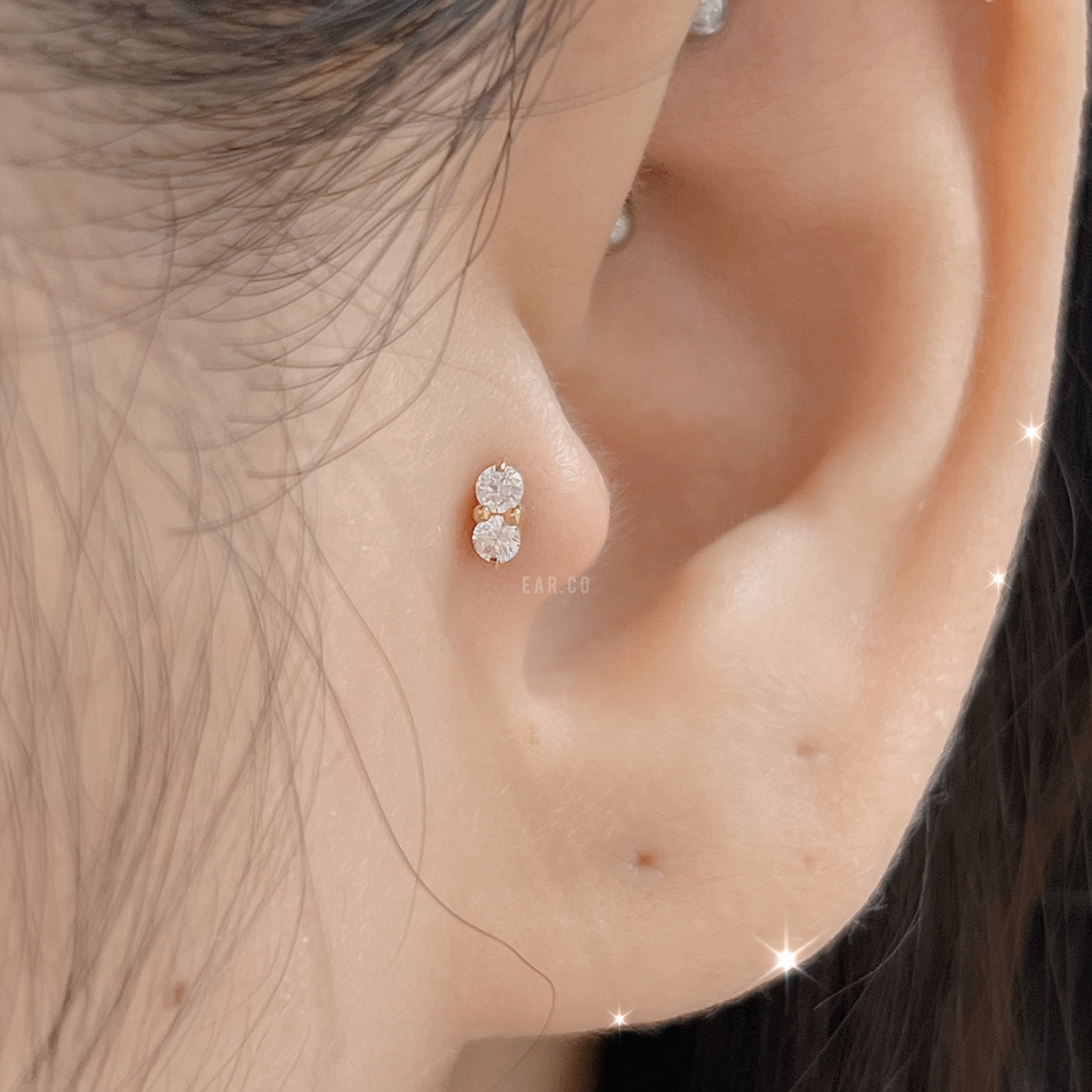 Twins兩連鋯石平頭耳門/耳珠/耳骨釘 [G23 Titanium]