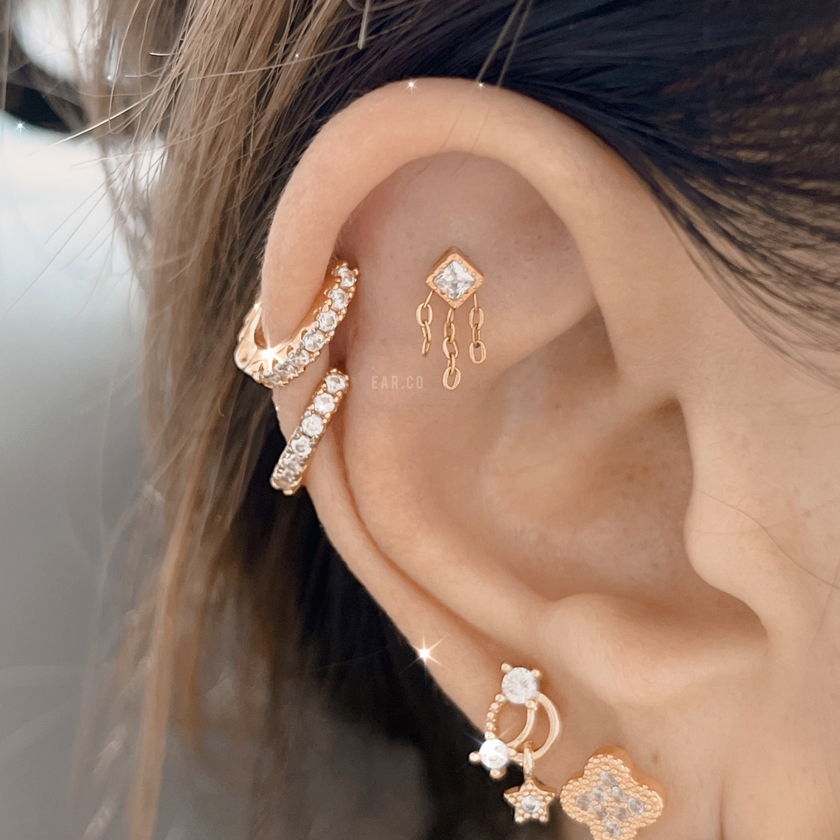 流蘇小方鋯平頭耳門/耳珠/耳骨釘 [G23 Titanium]