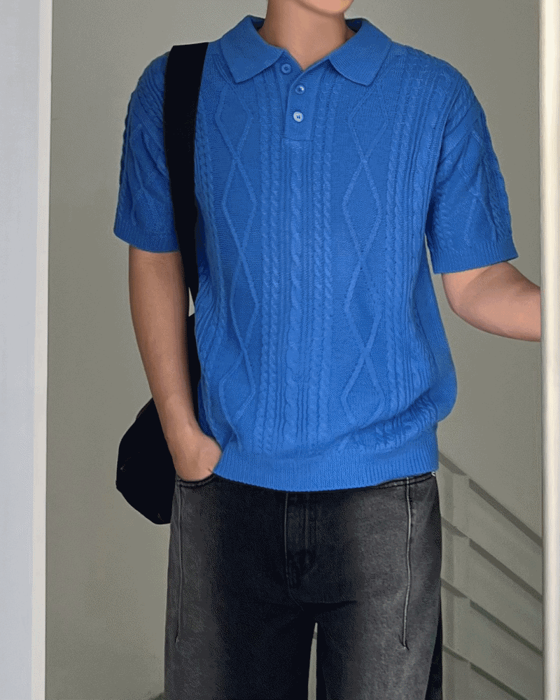 鑽石麻花紋珠地棉針織短袖T恤