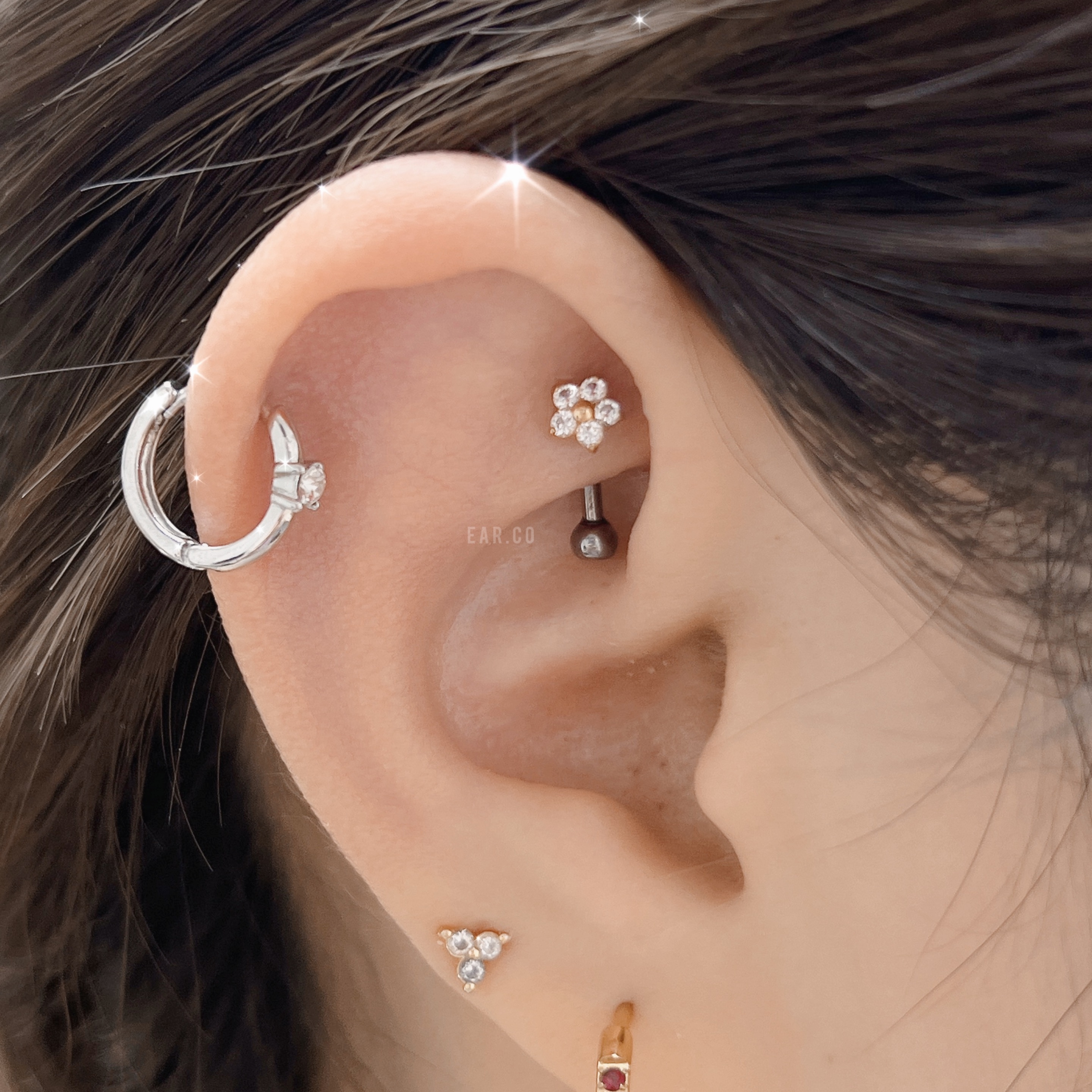 閃石迷你小花花彎針耳環 [G23 Titanium]