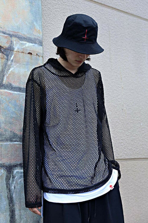 寬鬆款透視網紗連帽T恤