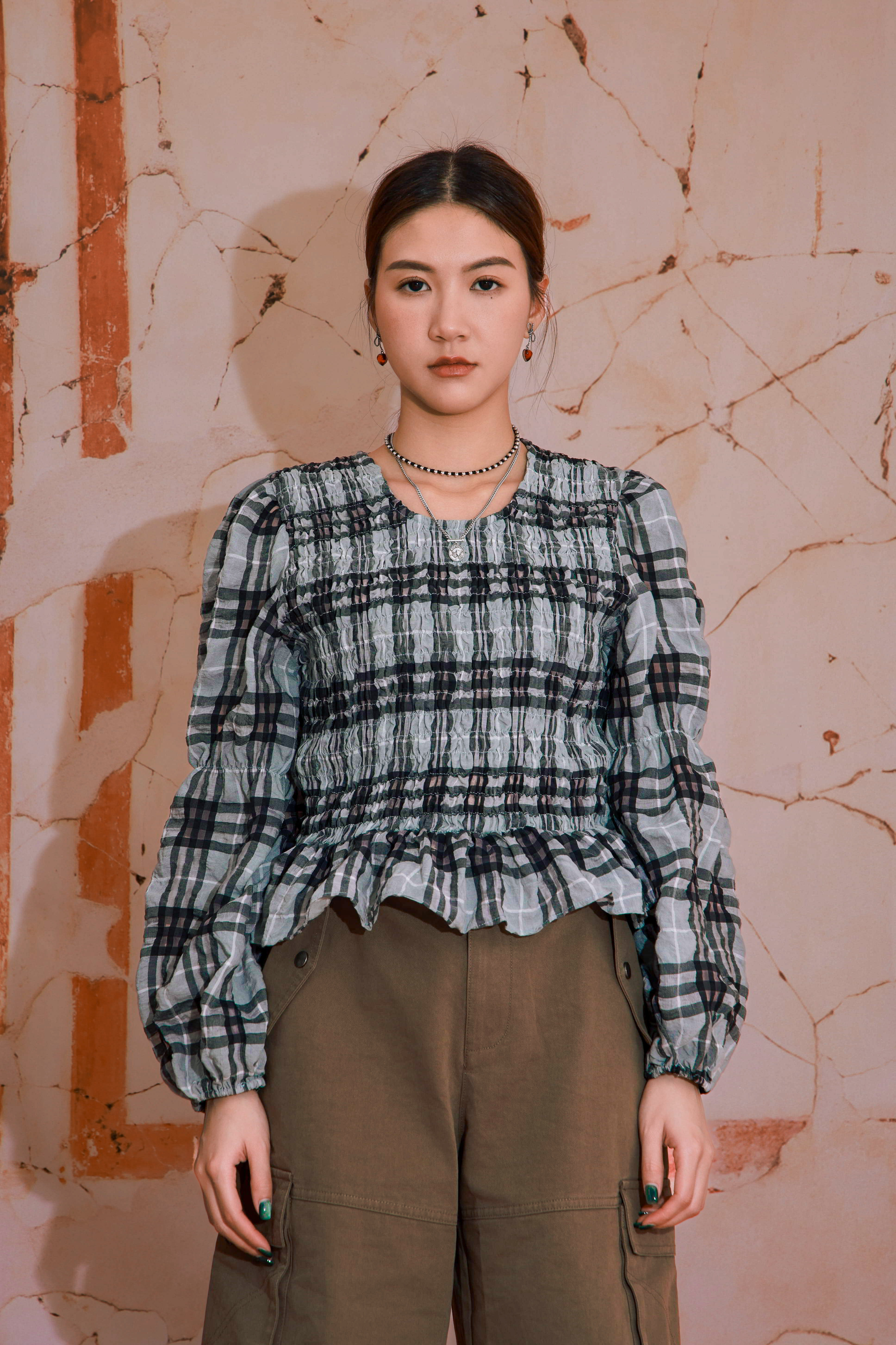 格仔縐布橡筋線上衣 (現貨款式）