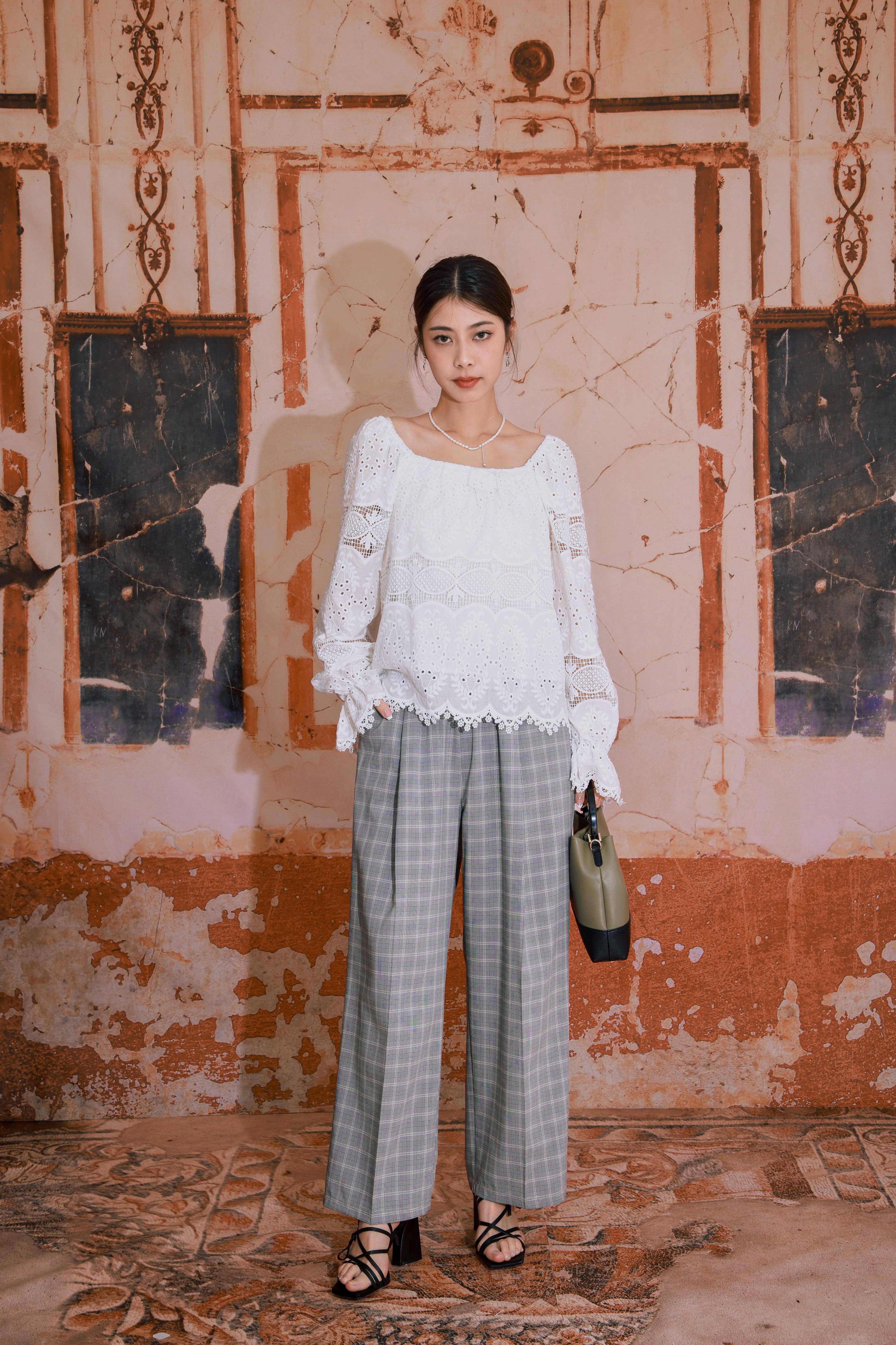 橡筋腰細格闊西褲 (現貨款式）