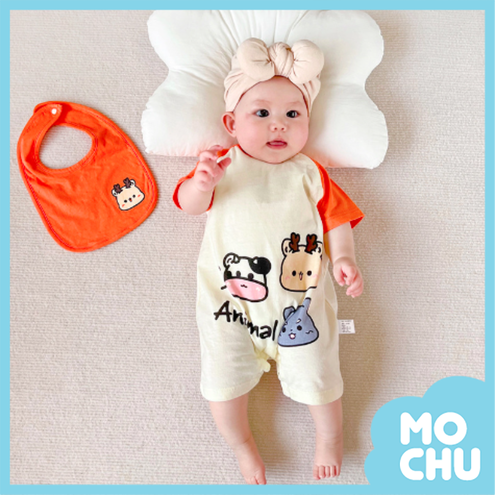 小動物短袖連身衣+口水巾