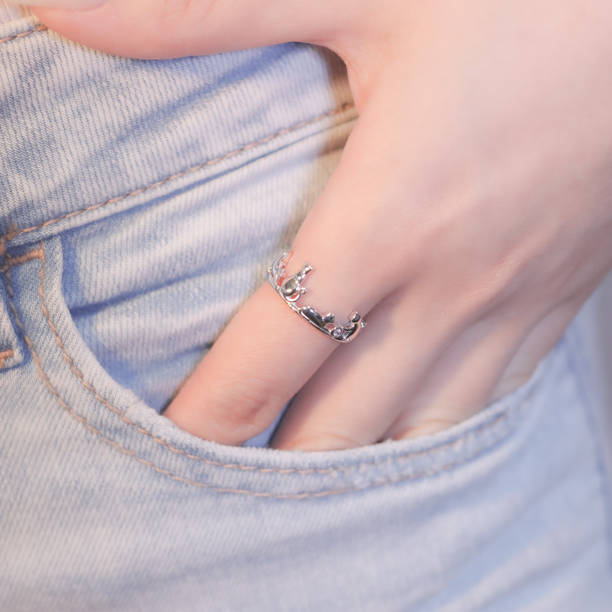 | 925 Silver・ White Gold | Playful Cat Ring  | RI0659 |