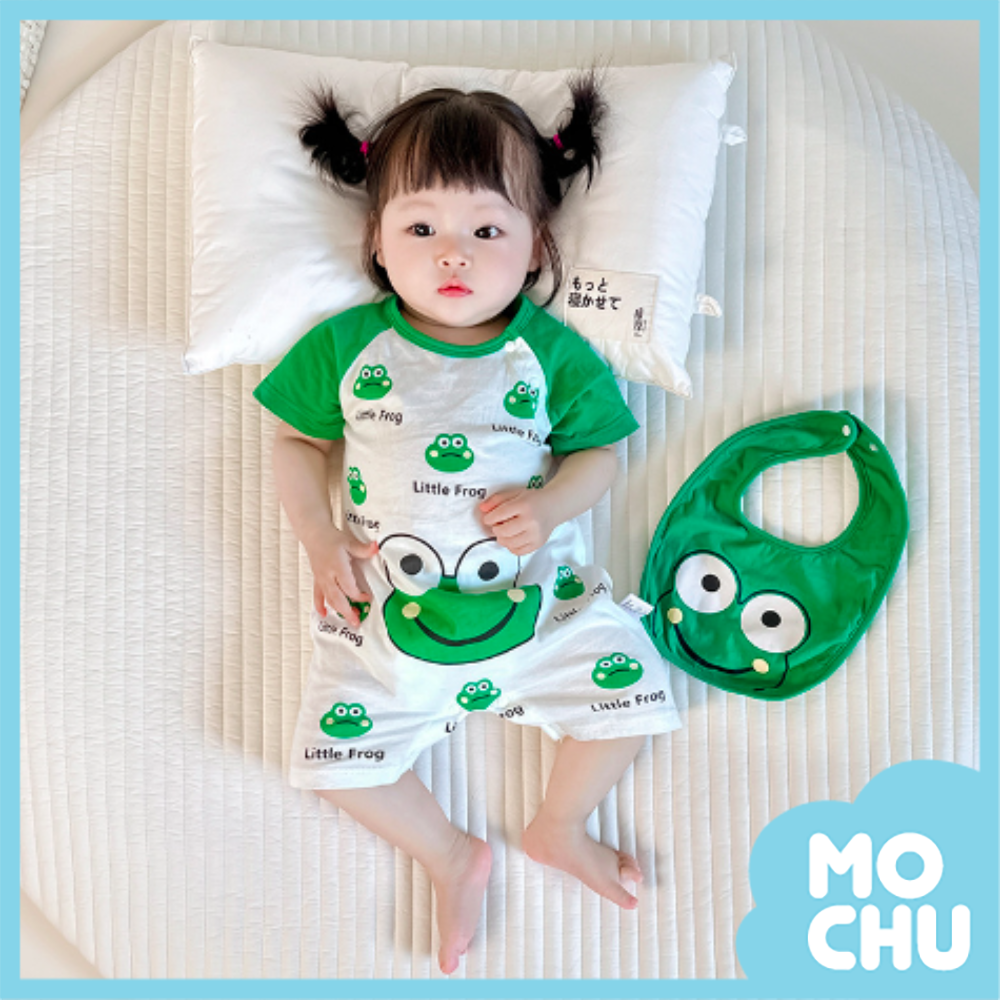 大眼蛙短袖連身衣+口水巾