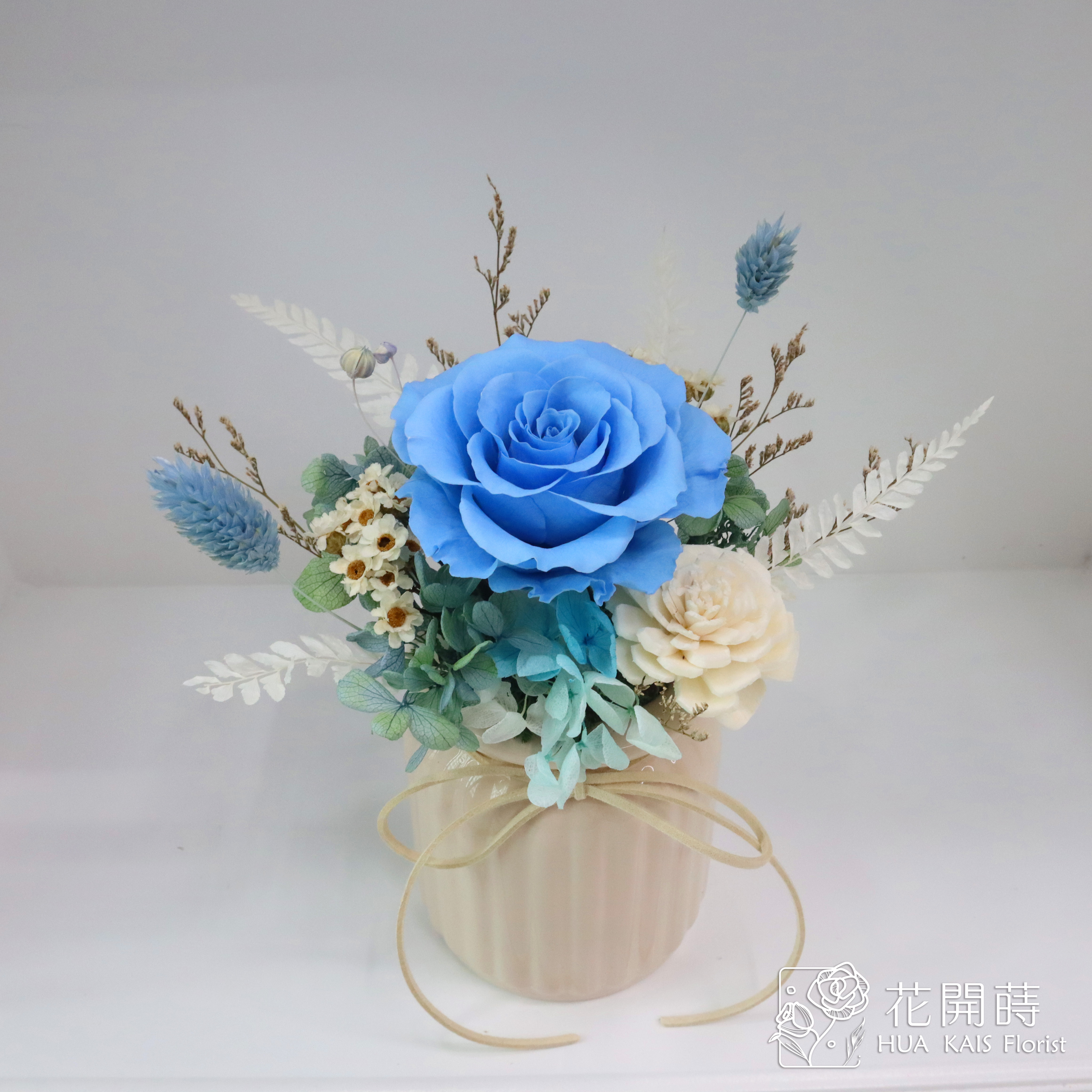 永生玫瑰小桌花|海水藍牛奶瓶|開幕小盆栽|生日禮物|辦公桌小盆花