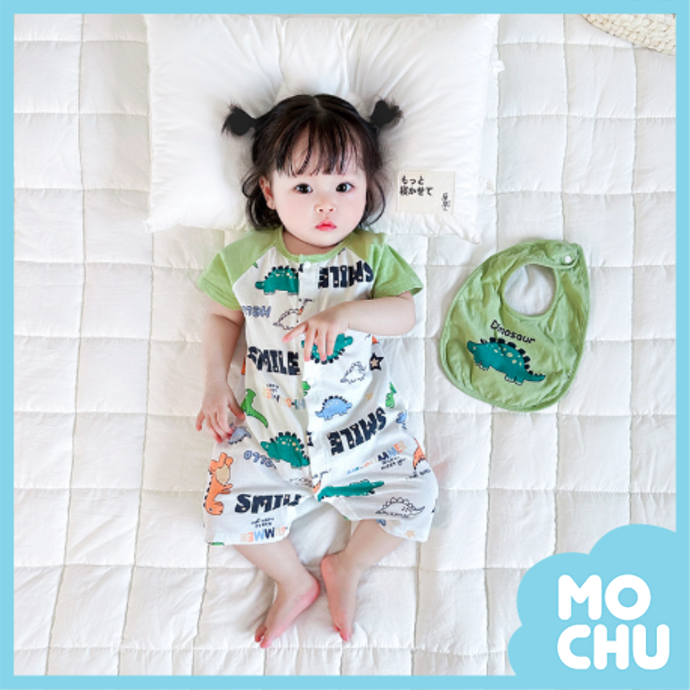 恐龍群短袖連身衣+口水巾