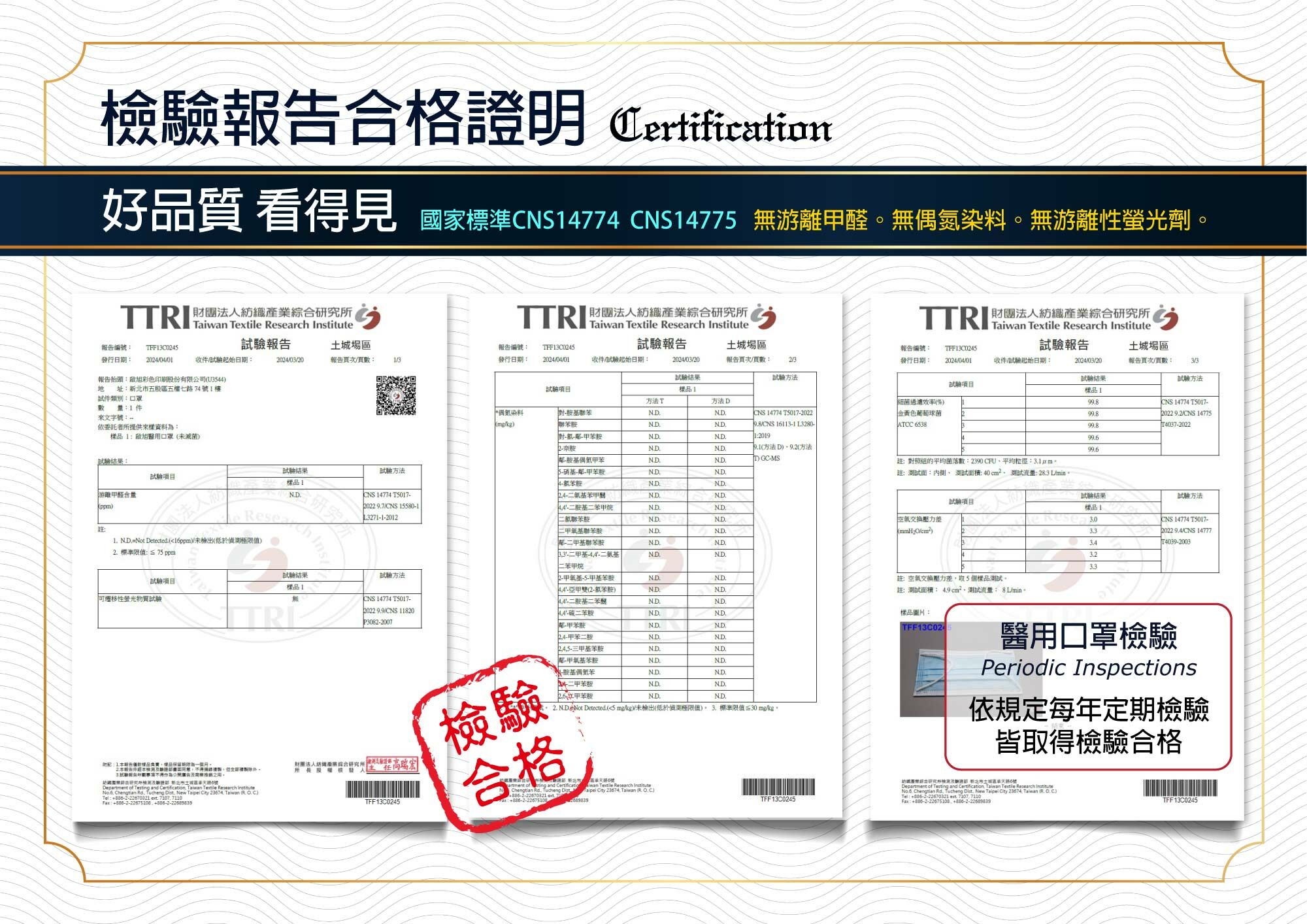 無游離甲醛,無偶氮染料,無游離性螢光劑,TTRI檢測合格,防護口罩,符合CNS14774,CNS14775,台灣製造,Made in Taiwan,MD,雙鋼印,醫用口罩,醫療口罩,客製口罩,口罩印刷,敏成熔噴布,Chi,團體服,產品責任險,醫療器材