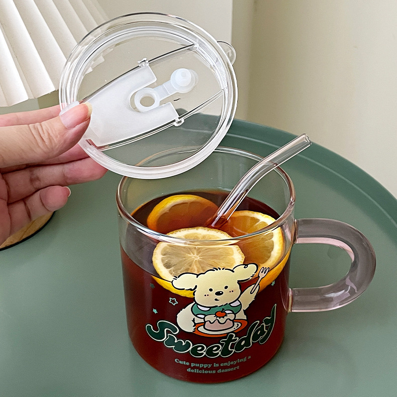 《41042》小熊玻璃杯含蓋子吸管/600ml/2色