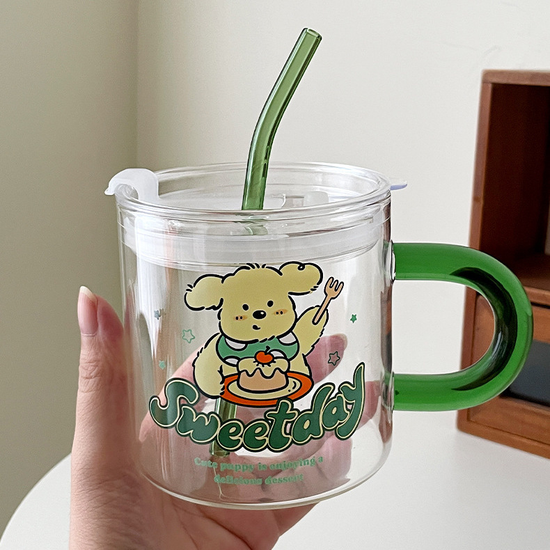 《41042》小熊玻璃杯含蓋子吸管/600ml/2色