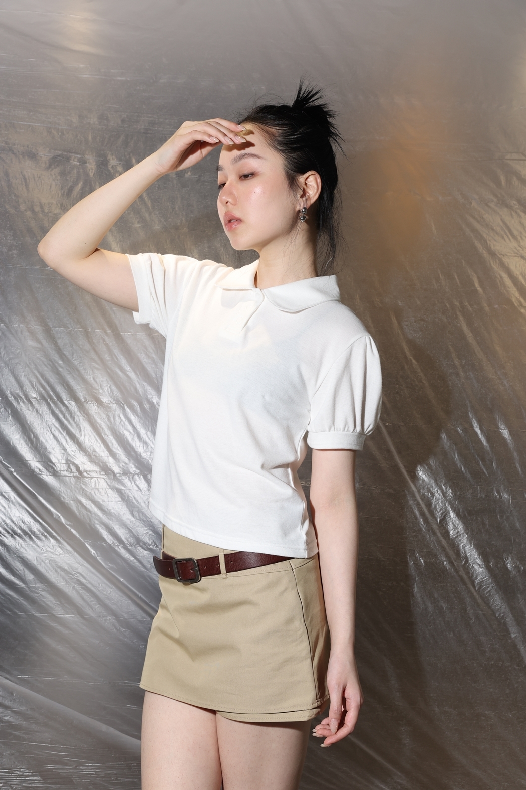 【穿拍樣品】澎袖polo領上衣-白