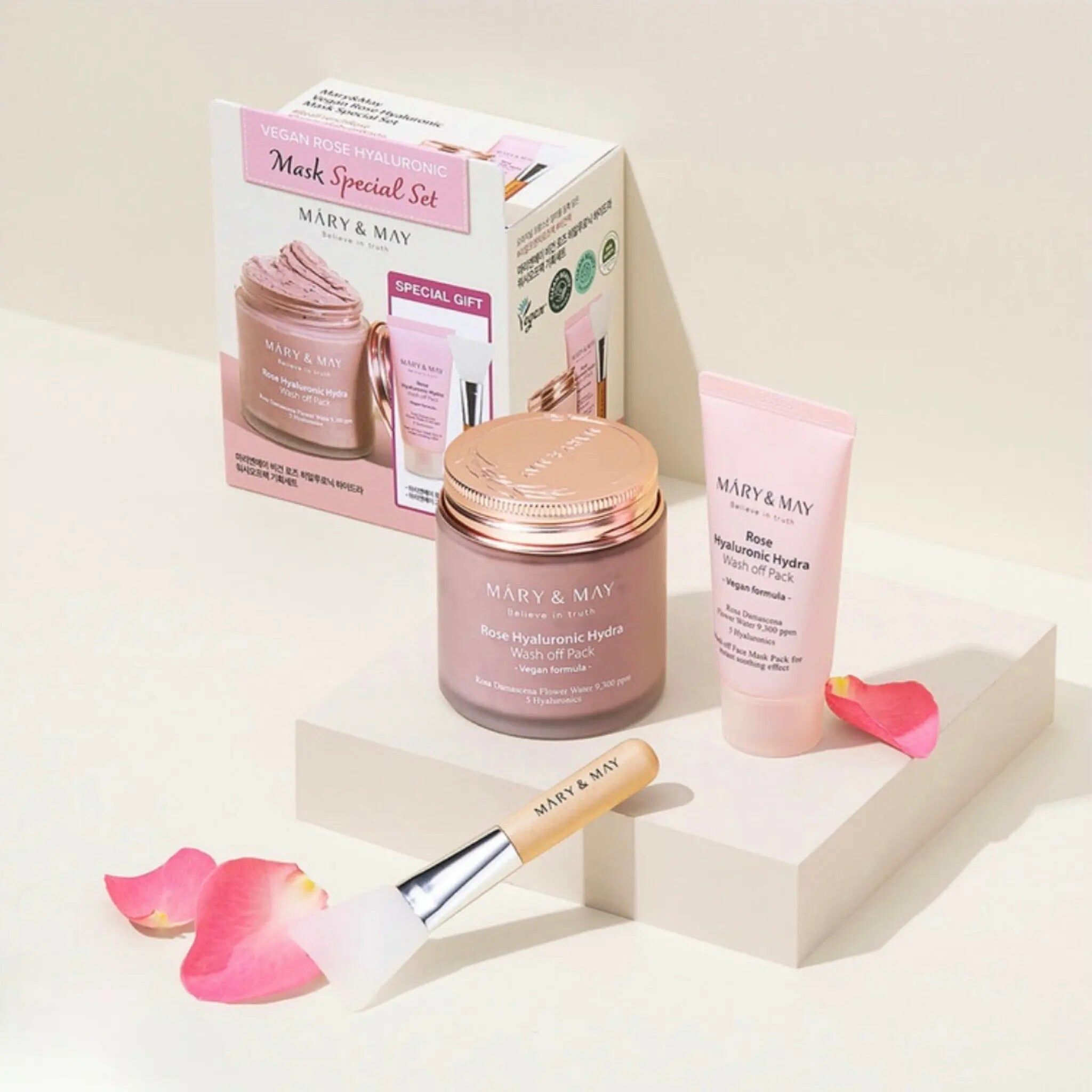 Mary&May Vegan Hyaluronic Hydra wash off Mask Special Gift Set (Rose Hyaluronic Hydra Wash off Pack 125g 1EA+Hyaluronic Hydra Wash off Pack 30g 1EA+ Washoff Spachulla 1EA) 8809670682194