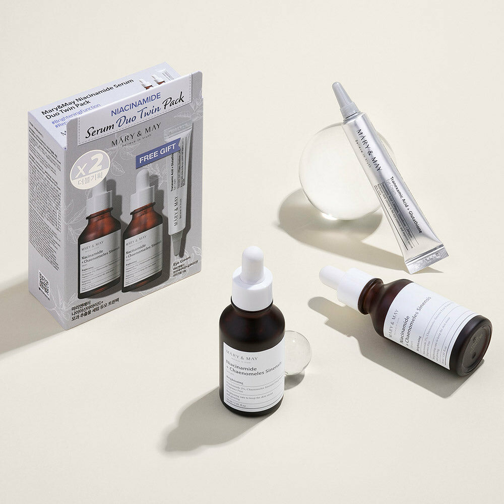 Mary&May Niacinamide Serum Duo twin Pack (Niacinamide+Chaenomeles Sinensis Serum 30ml 2EA+Tranexamic Acid+Glutathion Eye Cream 12g (Miniature) 2EA) 8809670682217