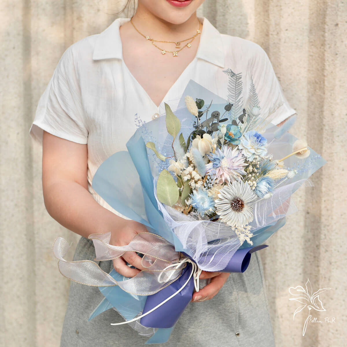 【馨花怒放】小型乾燥花束 - 甜粉藍