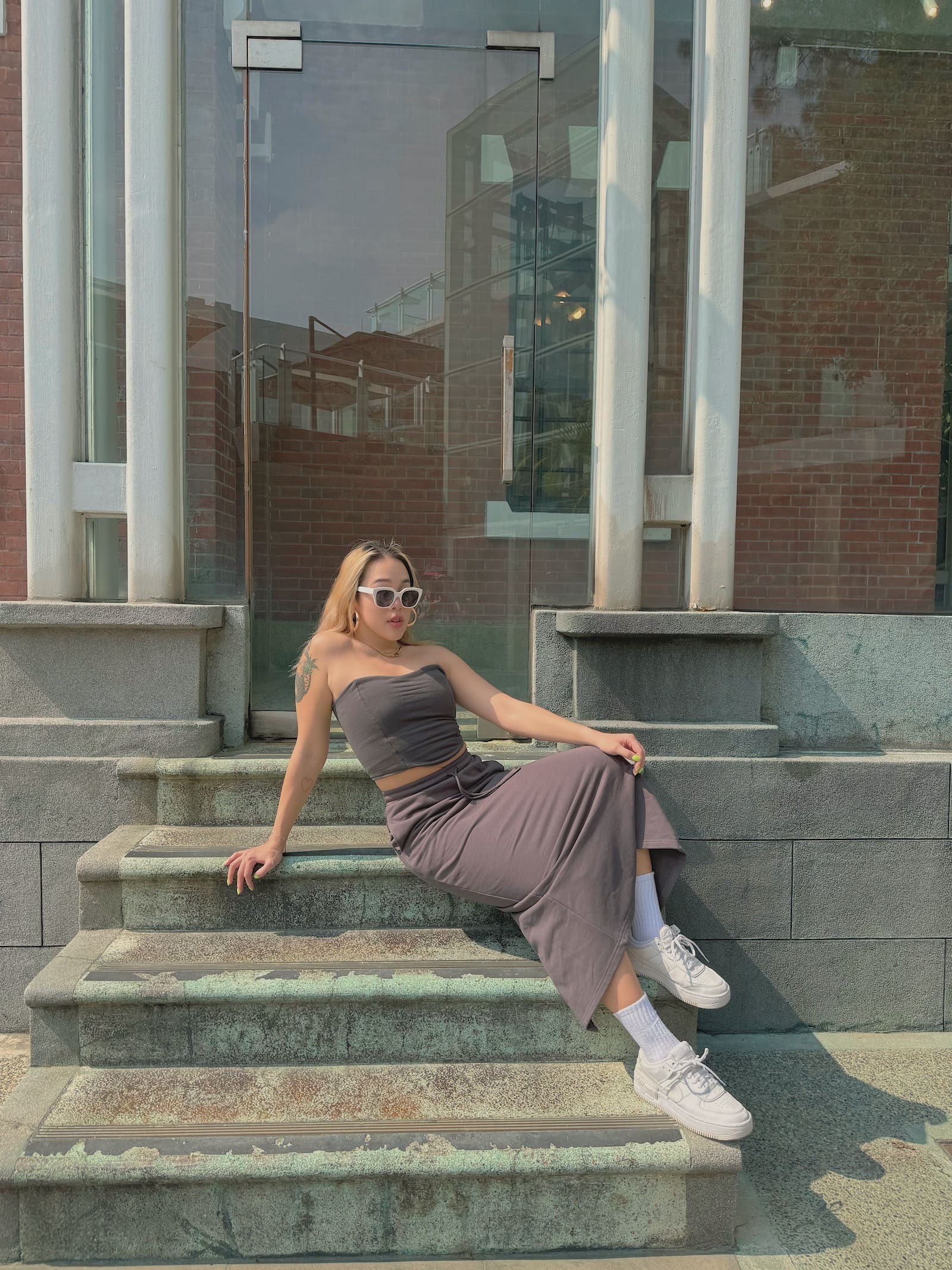 棉質炭灰平口裙套裝