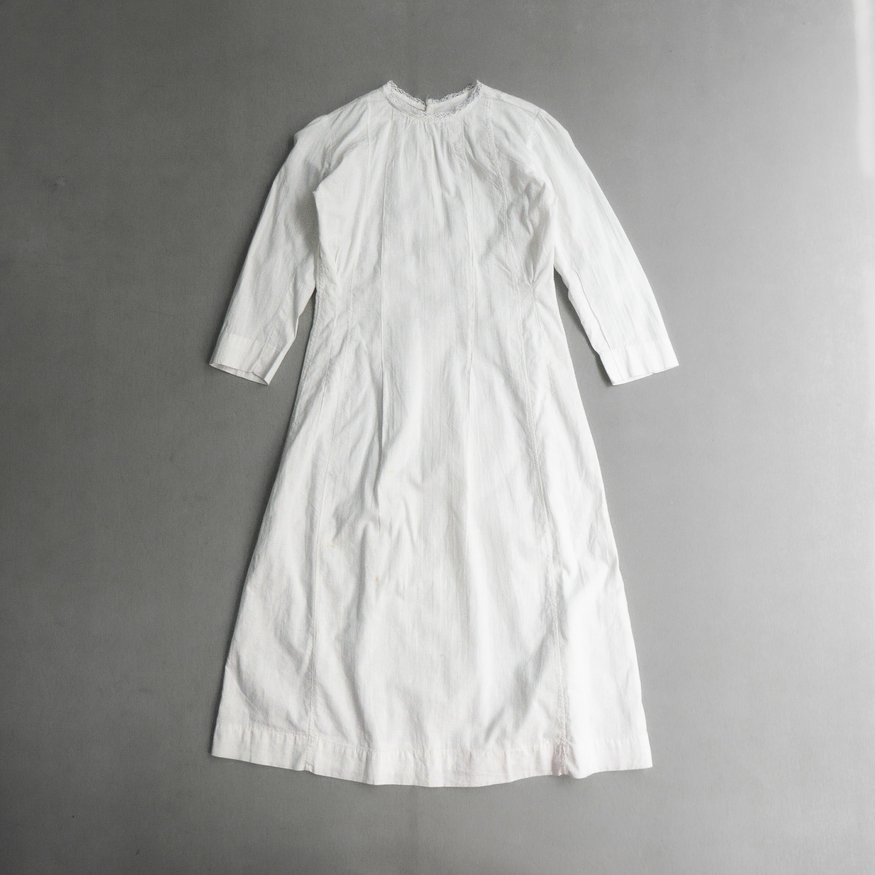 ANTIQUE FRENCH NIGHT DRESS 法國 古董 無領 刺繡 白色 長袖 睡衣 長洋裝 E