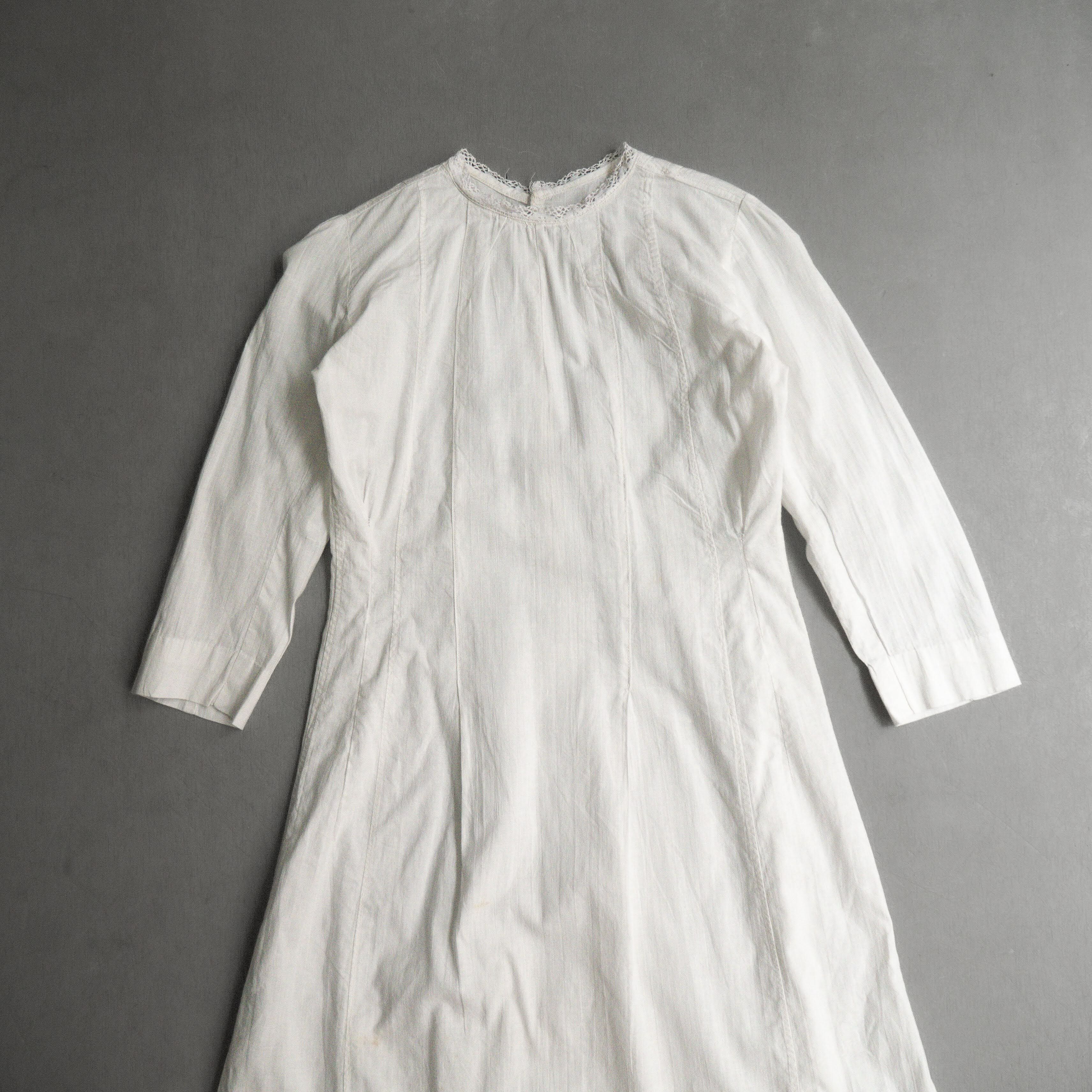 ANTIQUE FRENCH NIGHT DRESS 法國 古董 無領 刺繡 白色 長袖 睡衣 長洋裝 E