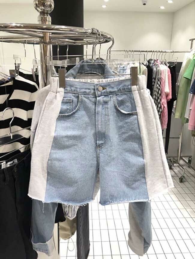 獨特設計前牛仔後運動棉腰鬆緊短褲-一色