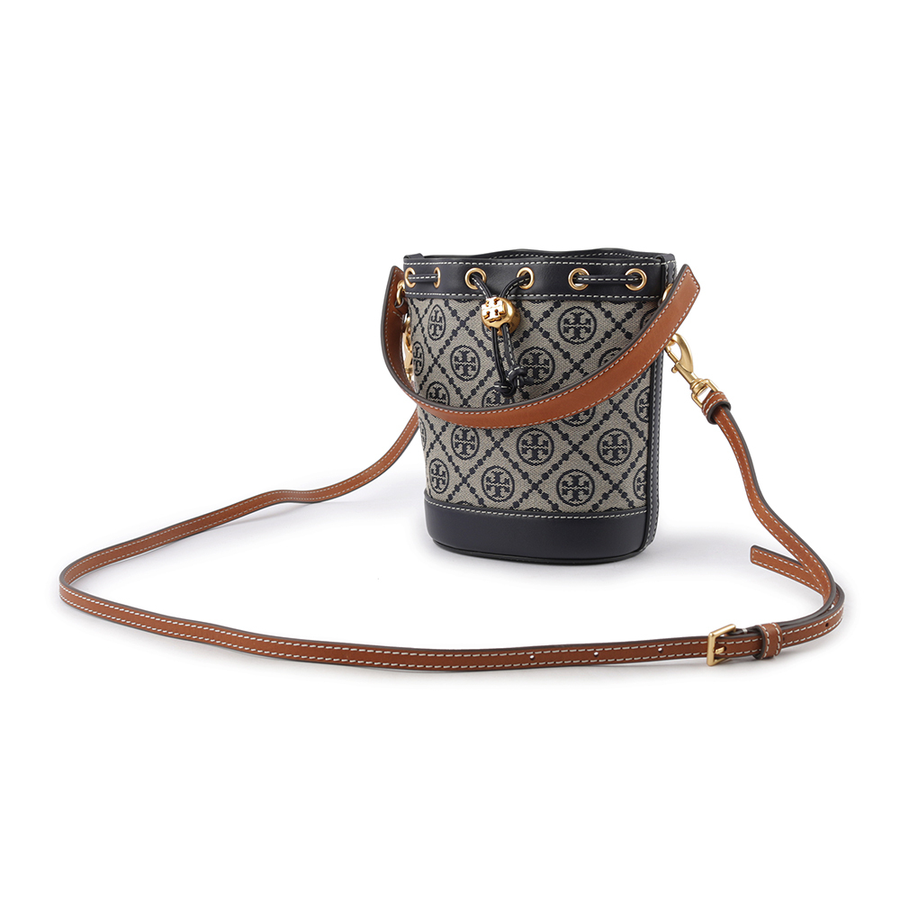 【TORY BURCH】T Monogram 緹花拼皮革迷你水桶包(海軍藍) 80534 405