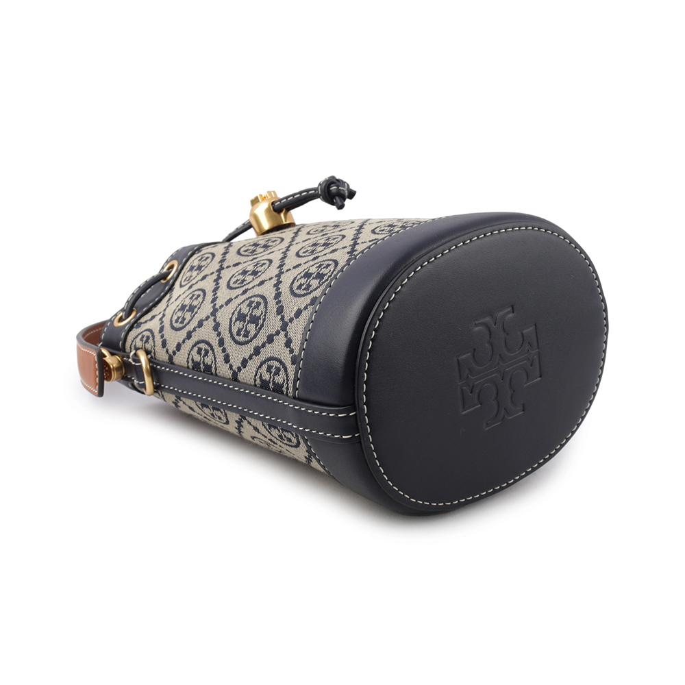 【TORY BURCH】T Monogram 緹花拼皮革迷你水桶包(海軍藍) 80534 405