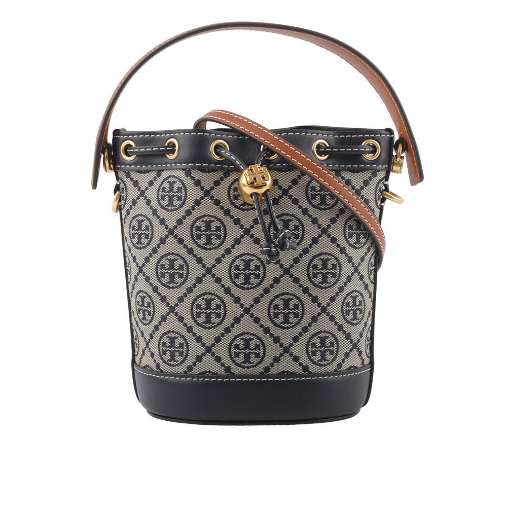 【TORY BURCH】T Monogram 緹花拼皮革迷你水桶包(海軍藍) 80534 405