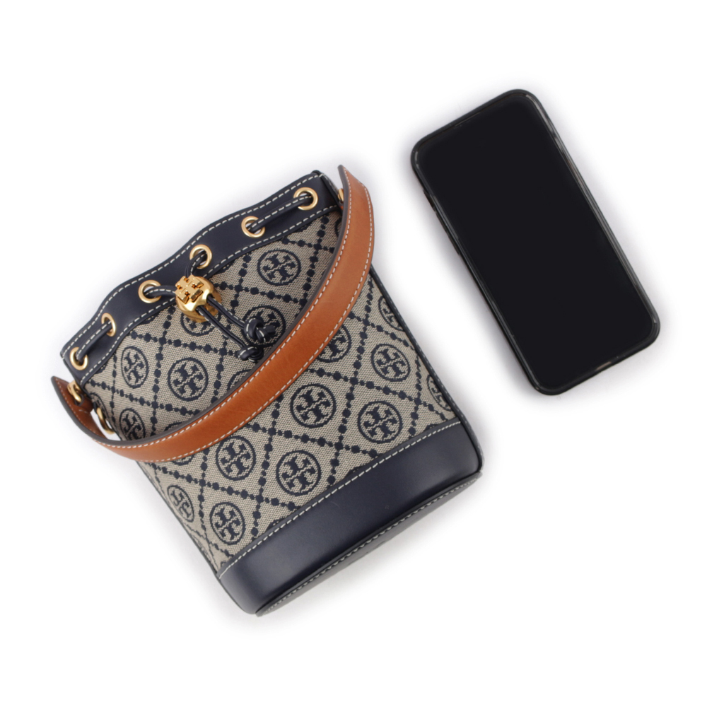 【TORY BURCH】T Monogram 緹花拼皮革迷你水桶包(海軍藍) 80534 405