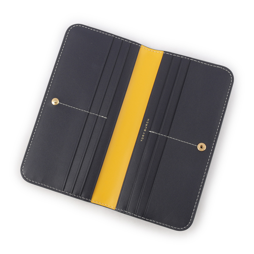 【TORY BURCH】T Monogram 緹花薄款釦式對開長夾(海軍藍) 149220 405