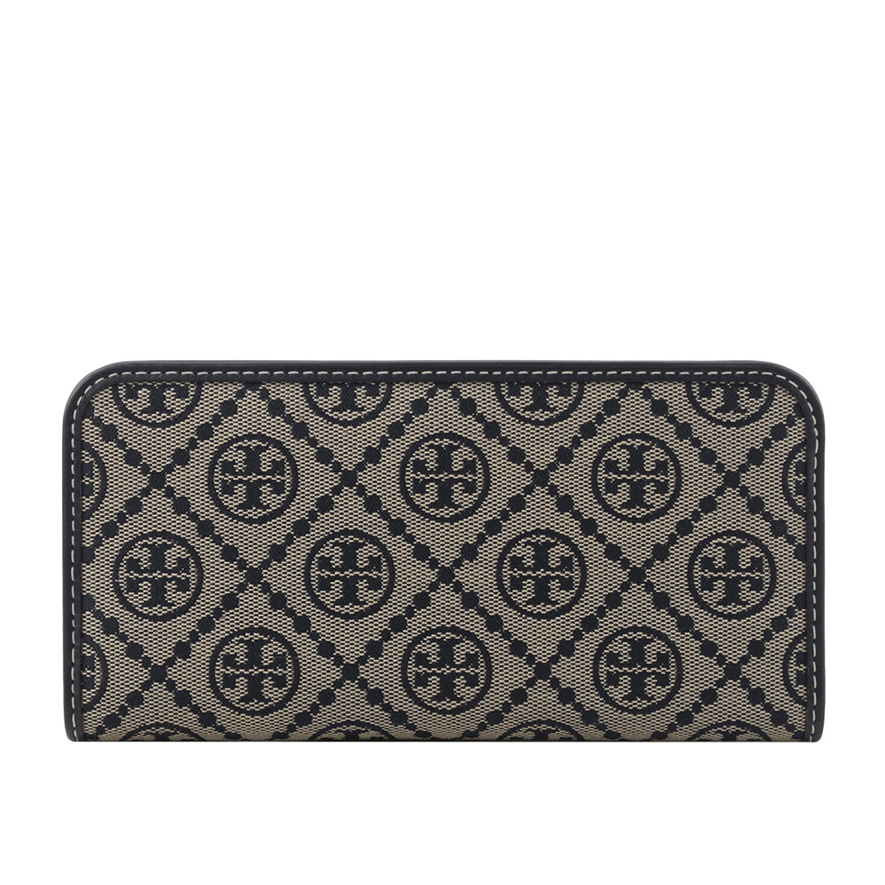 【TORY BURCH】T Monogram 緹花薄款釦式對開長夾(海軍藍) 149220 405
