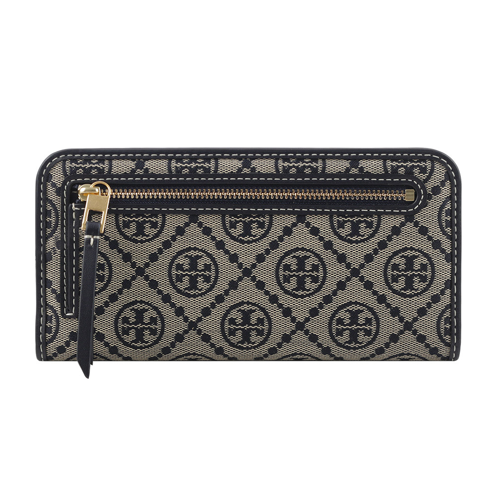 【TORY BURCH】T Monogram 緹花薄款釦式對開長夾(海軍藍) 149220 405