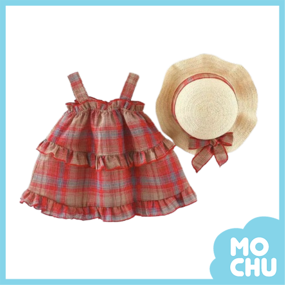 紅格花邊吊帶蛋糕裙(送帽子）