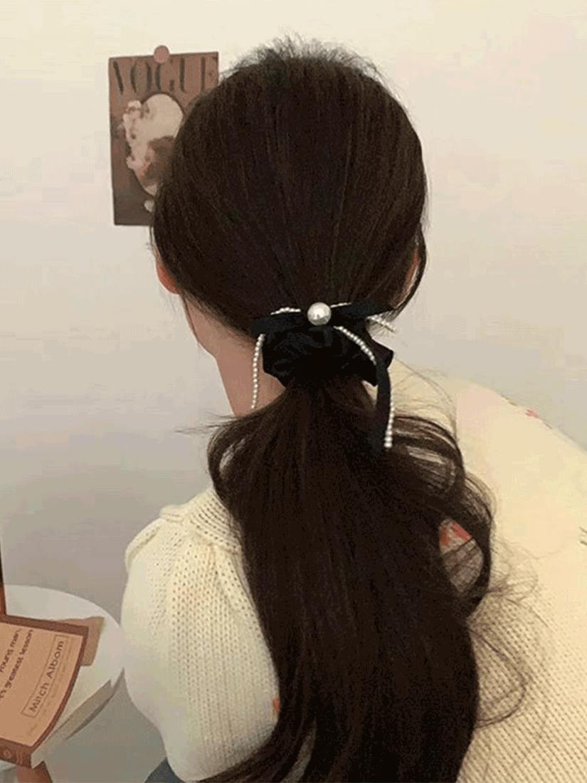 Chou緞帶珍珠髮圈 [ 2色 ]