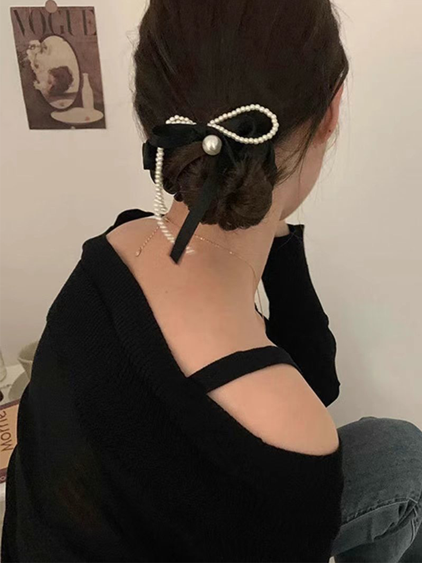 Chou緞帶珍珠髮圈 [ 2色 ]