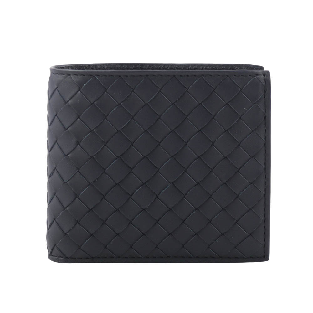 【BOTTEGA VENETA】小牛皮編織零錢袋對開短夾(星際藍) 193642 V4651 8838