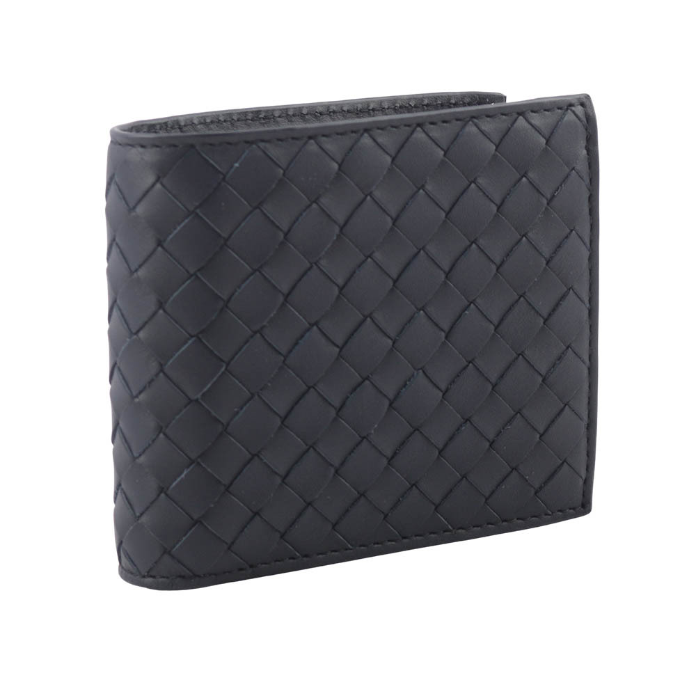 【BOTTEGA VENETA】小牛皮編織零錢袋對開短夾(星際藍) 193642 V4651 8838