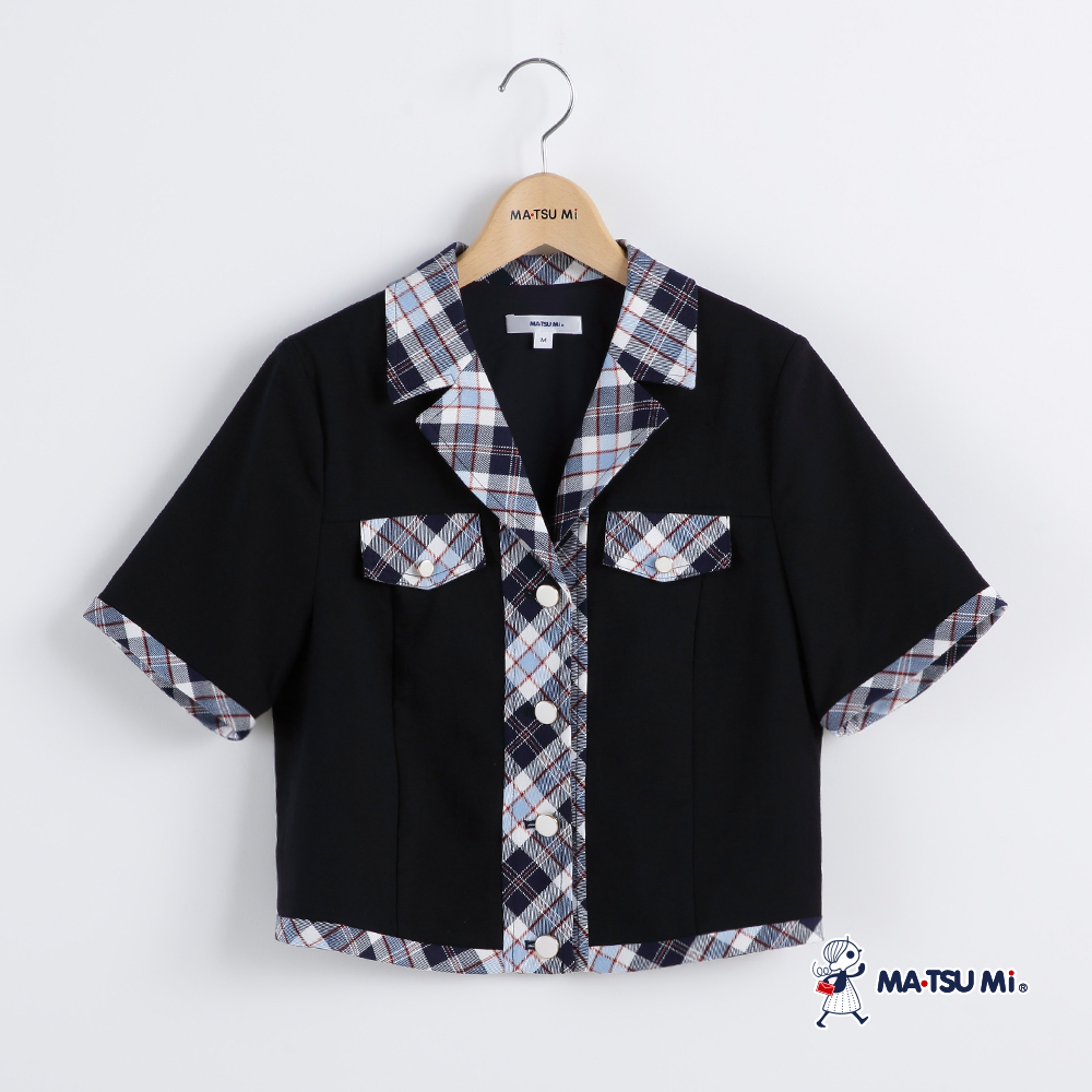 MA‧TSU Mi 學院風格紋拼接短版外套(白.深藍)