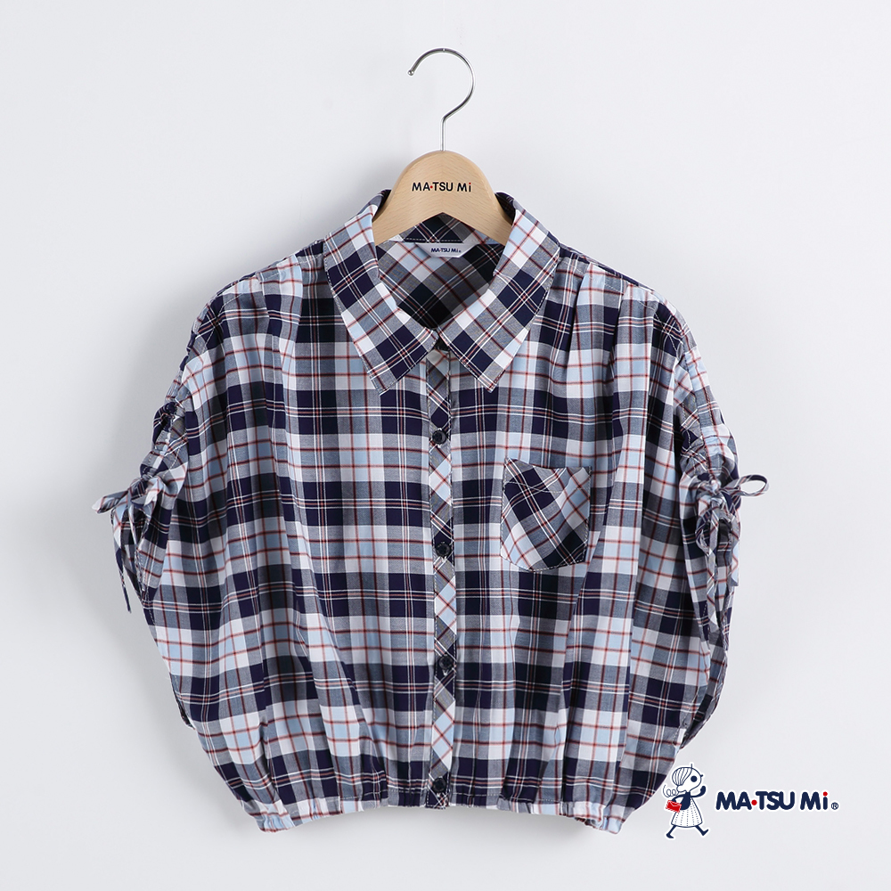 MA‧TSU Mi 格紋翻領抽繩造型短版襯衫上衣(桃紅.深藍)