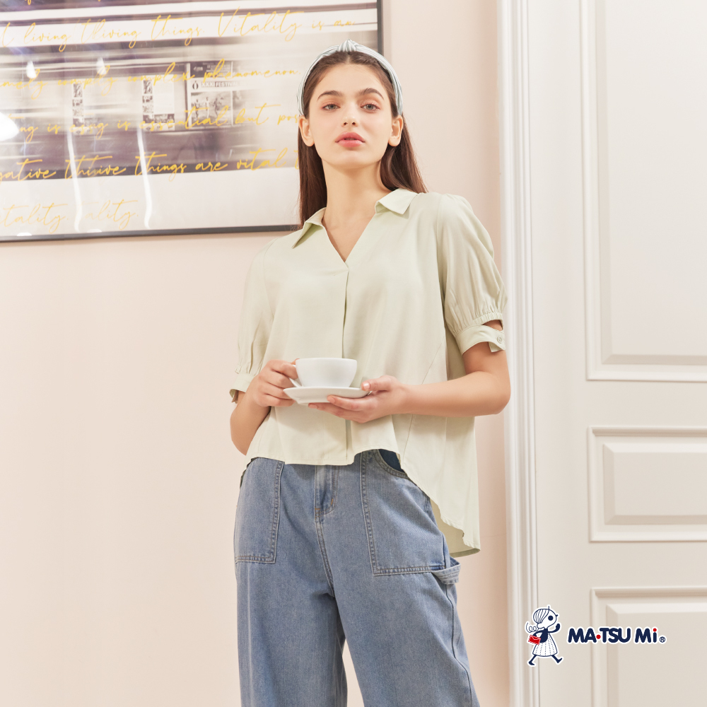 MA‧TSU Mi V領飄逸寬鬆感袖口簍空造型襯衫(白.草綠)