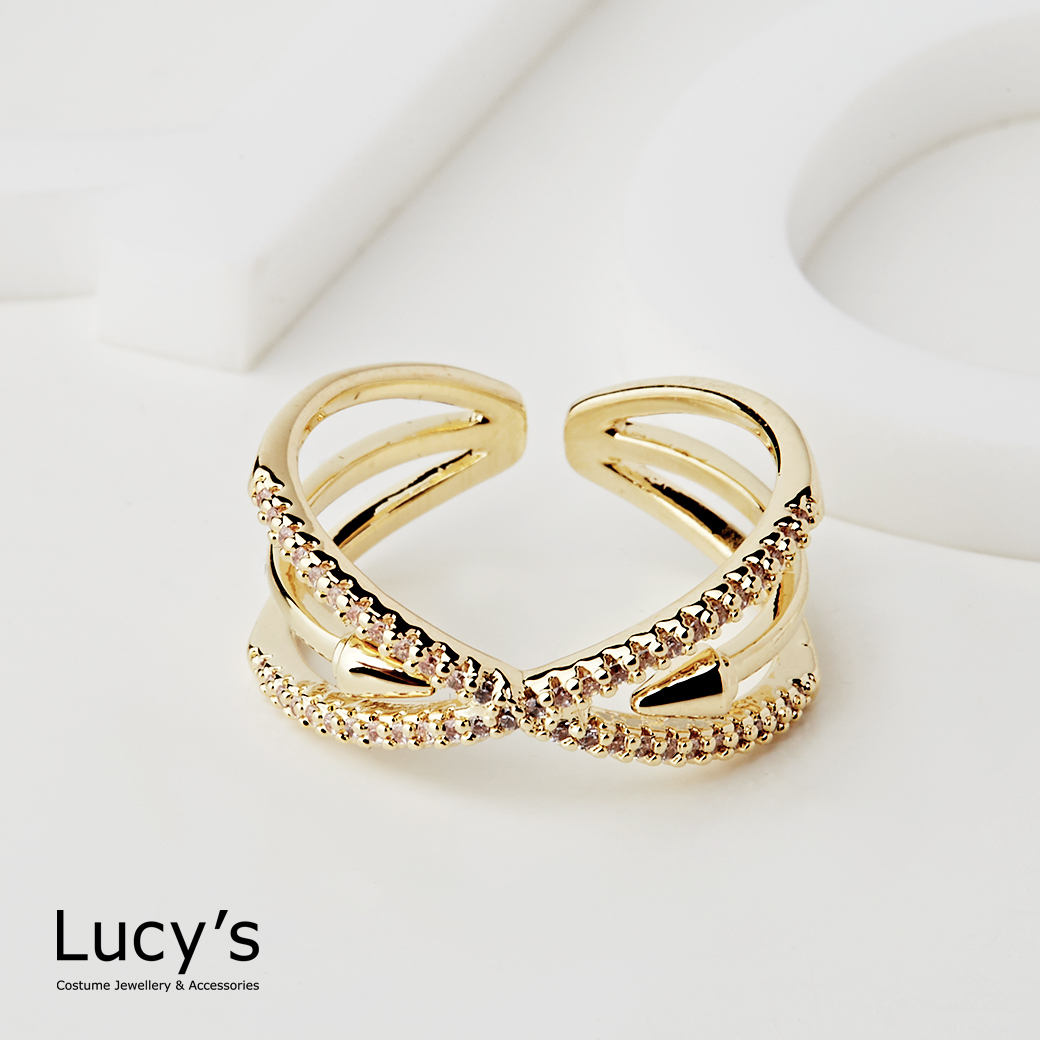 鑲鑽線條交叉 開口戒 (二色) (115312/115313)