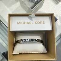 [S] MICHAEL KORS MKJX8120040 LOGO LETTERING EMBROIDERED BANGLE BRACELET,BLACK/GOLD, 796483627208 (SMK885)
