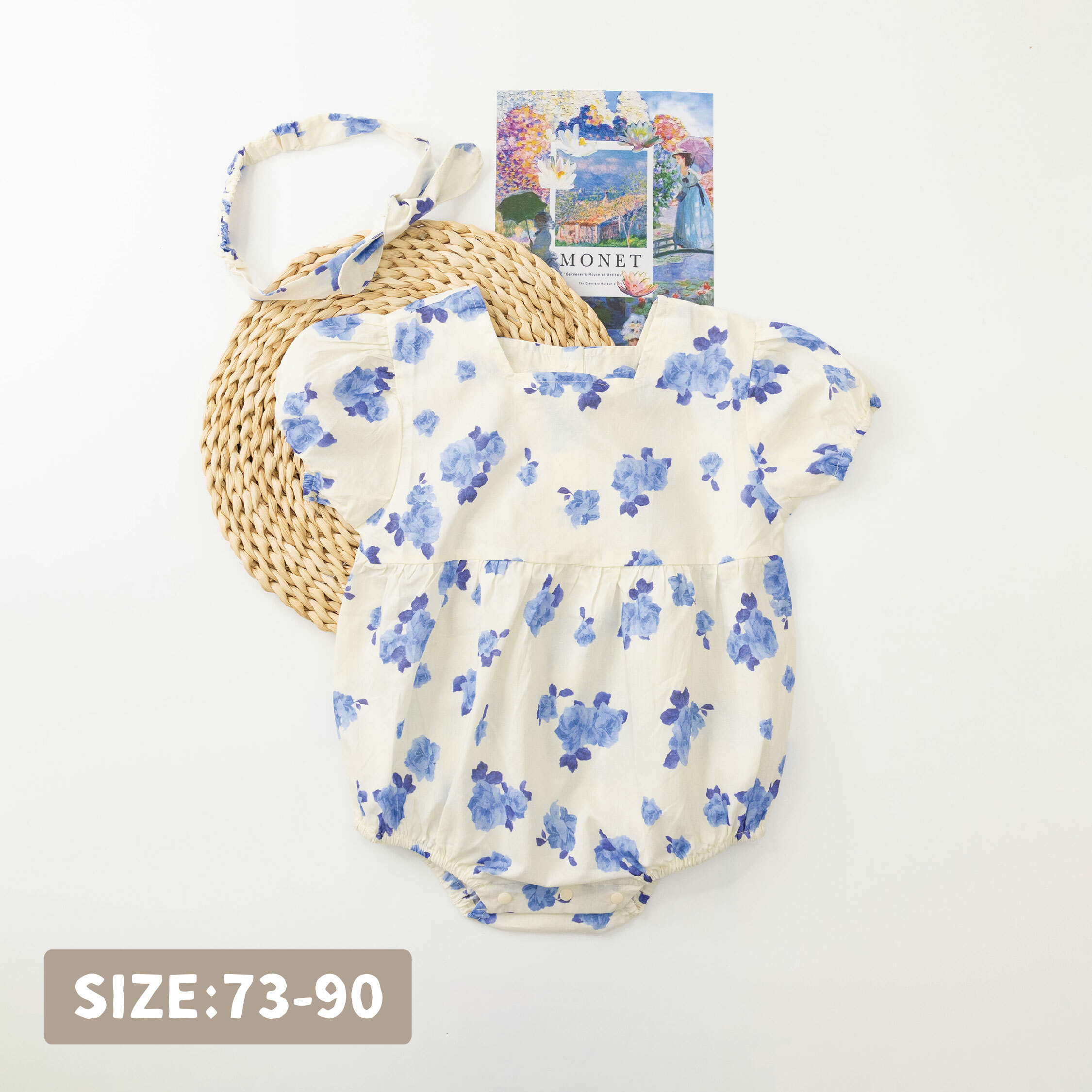 【JG0171】藝術水墨藍花包屁套裝(衣+髮帶)