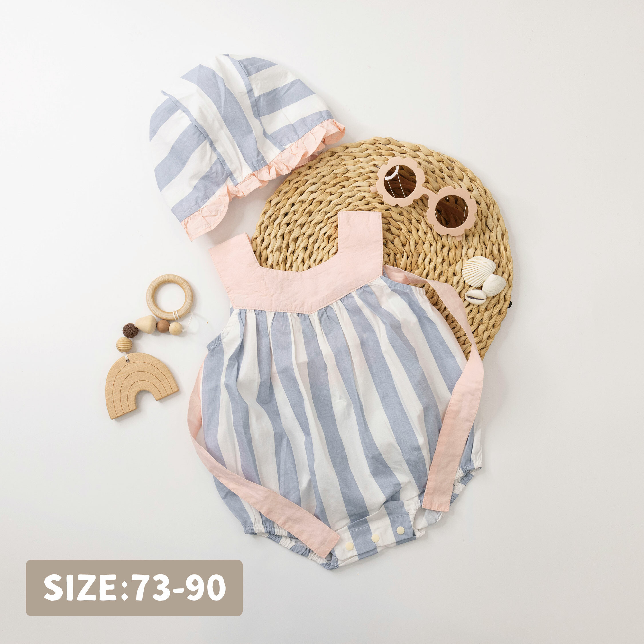 【JG0187】造型後綁帶條紋包屁套裝(衣+帽)